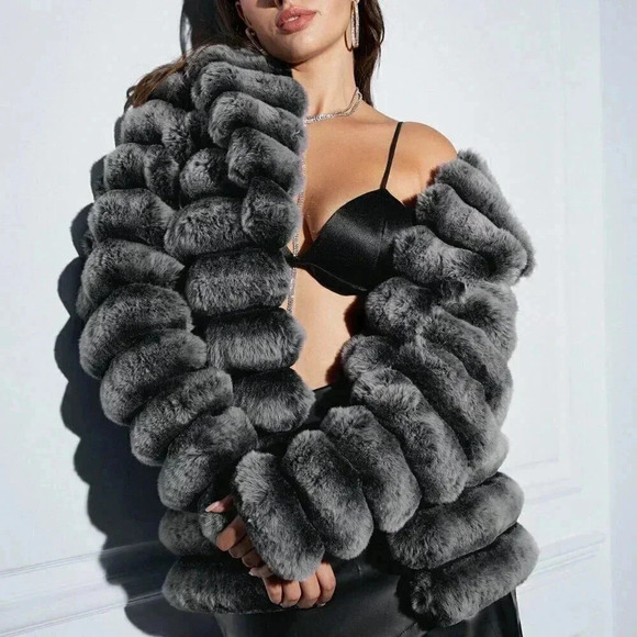Grey Women's Open Front Fuzzy Coat - Picture 6 of 7